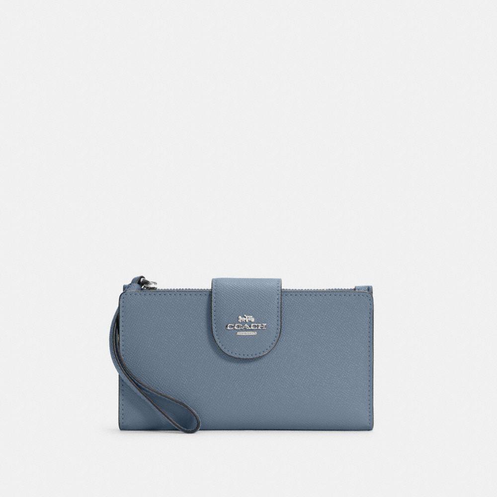 COACH®,PHONE WALLET,Crossgrain Leather,Silver/Marble Blue,Front View