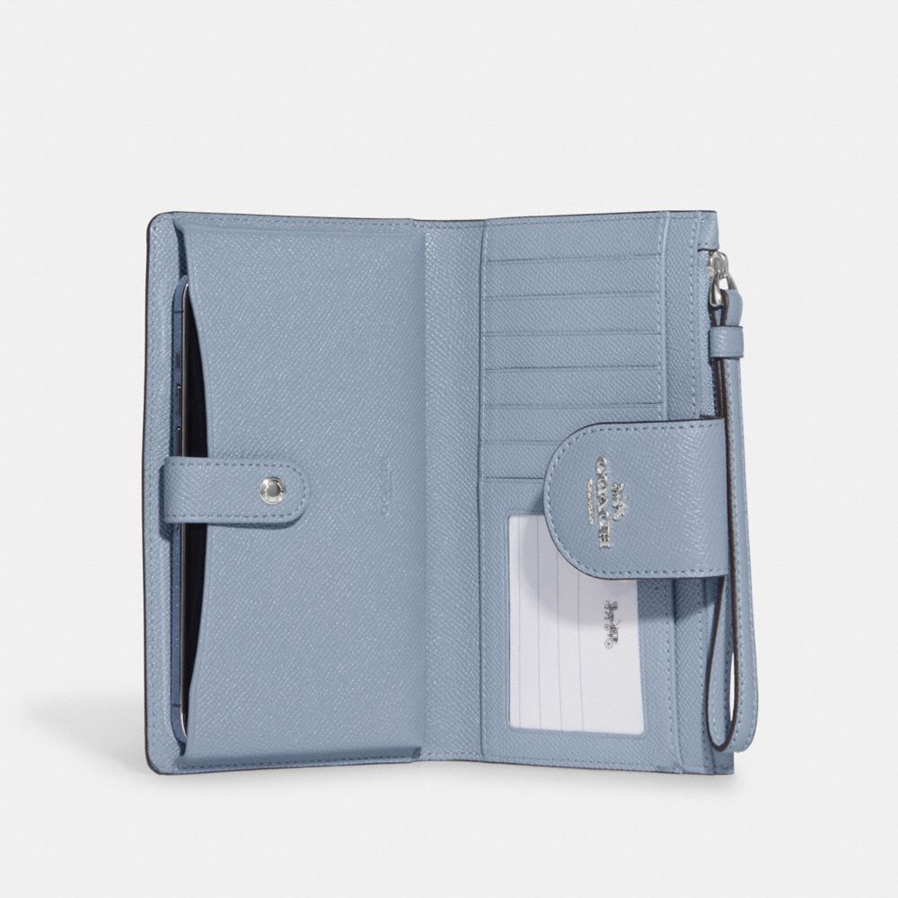 COACH®,PHONE WALLET,Crossgrain Leather,Silver/Marble Blue,Inside View,Top View