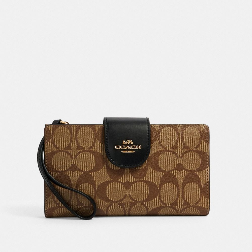 COACH®,PHONE WALLET IN COLORBLOCK SIGNATURE CANVAS,Gold/Khaki/Black,Front View