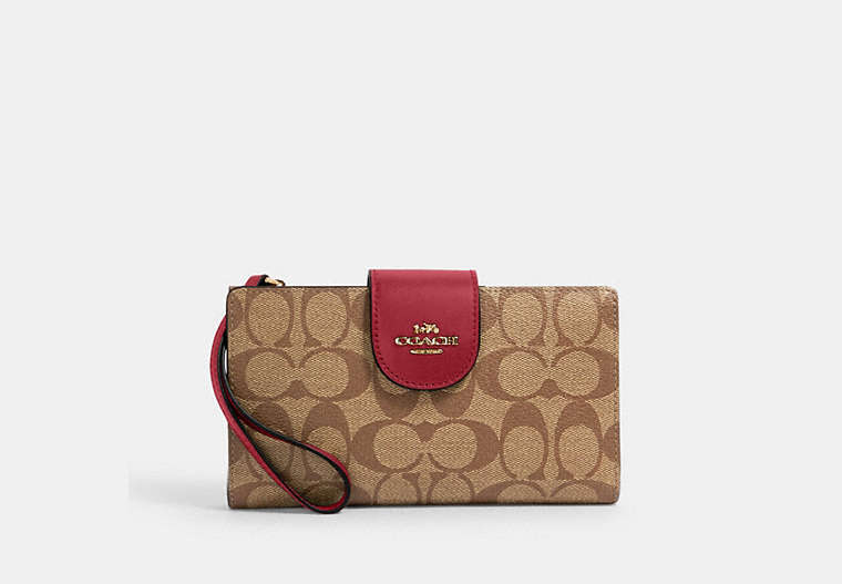 COACH®,PHONE WALLET IN COLORBLOCK SIGNATURE CANVAS,Gold/Khaki/Cherry,Front View