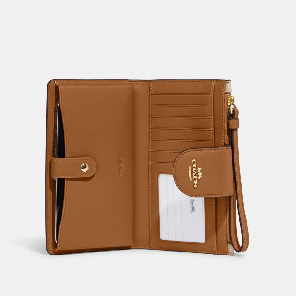 COACH®,PHONE WALLET IN COLORBLOCK SIGNATURE CANVAS,Signature Canvas,Gold/Lt Khaki/Lt Saddle,Inside View,Top View