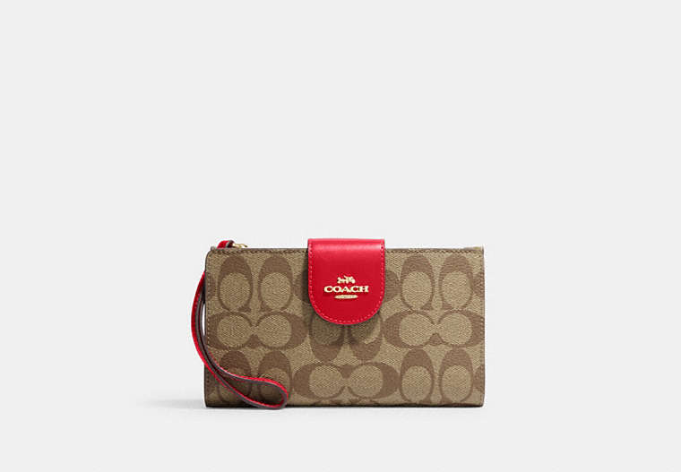 COACH®,PHONE WALLET IN COLORBLOCK SIGNATURE CANVAS,Im/Khaki/Electric Red,Front View