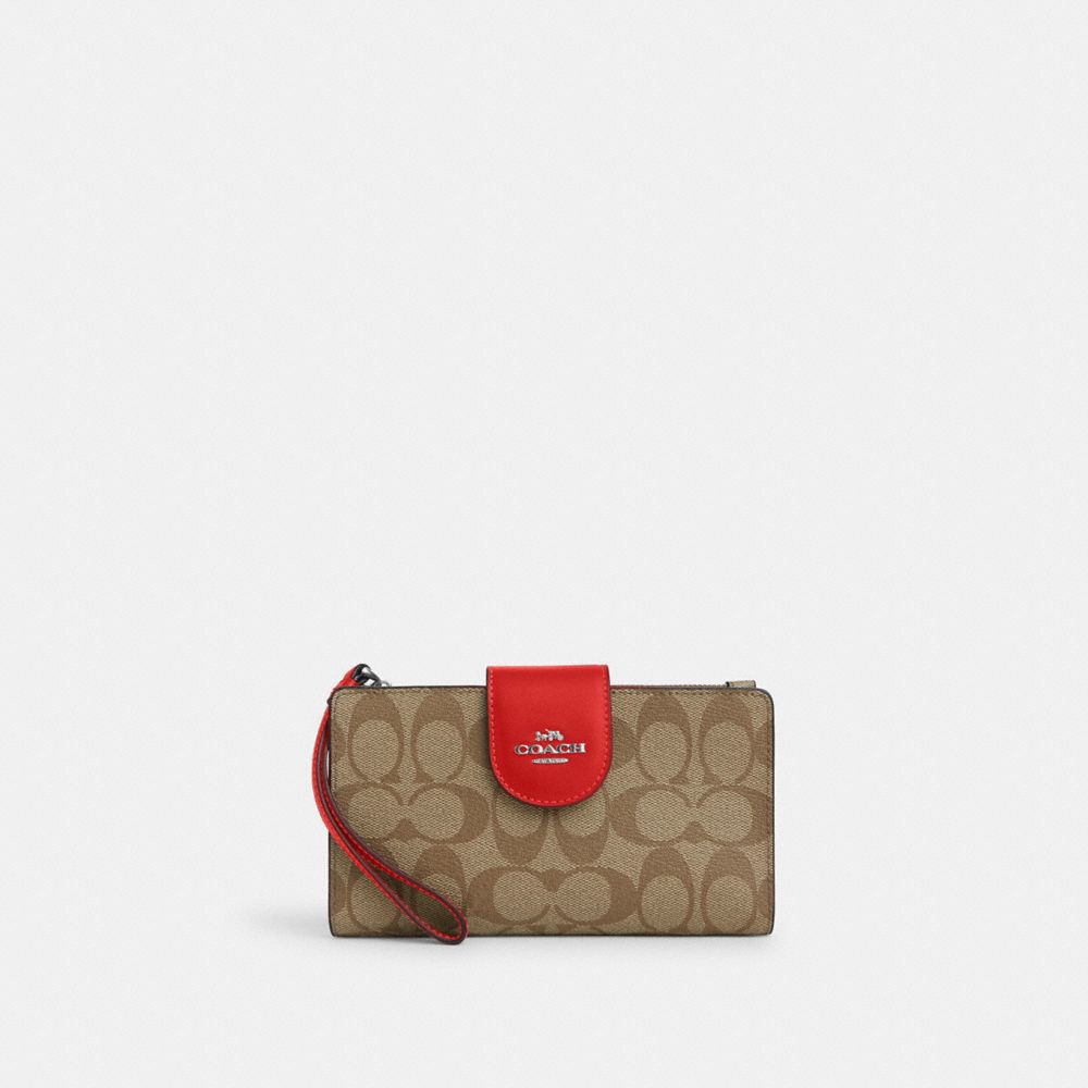 COACH®,Phone Wallet In Colorblock Signature Canvas,Leather,Canvas,Wristlet,Bi Fold,PVC,Color Block,Logo,Gold Metal,Casual,Brown,Front View