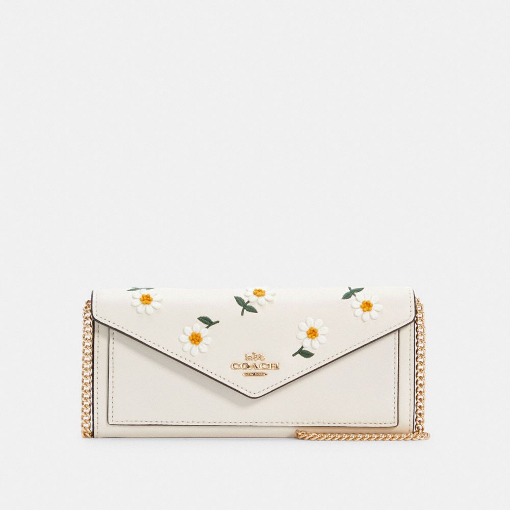 Slim Envelope Wallet With Chain With Daisy Embroidery