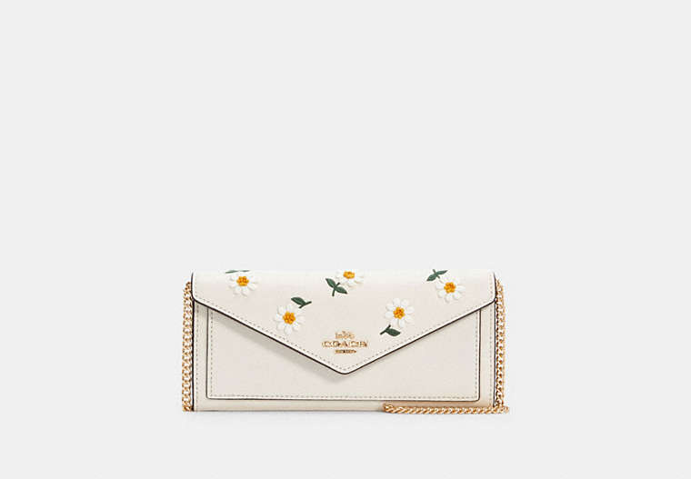 COACH®,SLIM ENVELOPE WALLET WITH CHAIN WITH DAISY EMBROIDERY,Gold/Chalk Multi,Front View
