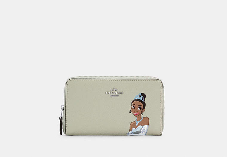 COACH®,DISNEY X COACH MEDIUM ID ZIP WALLET WITH TIANA,Silver/Pale Green Multi,Front View