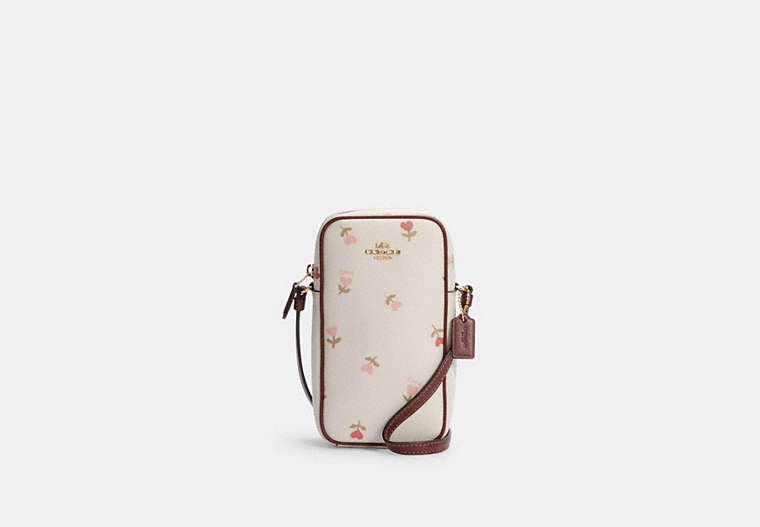 COACH®,NORTH/SOUTH ZIP CROSSBODY WITH HEART FLORAL PRINT,Gold/Chalk Multi,Front View