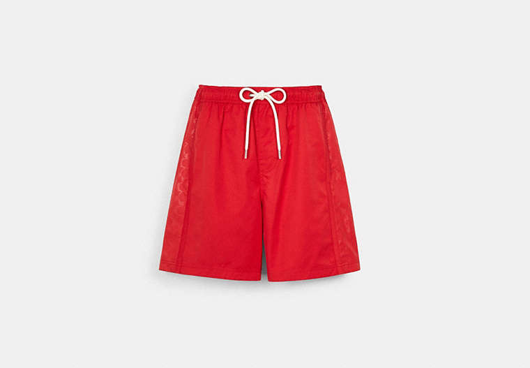 COACH®,PANELED SIGNATURE SWIM TRUNKS,n/a,Cardinal Red,Front View