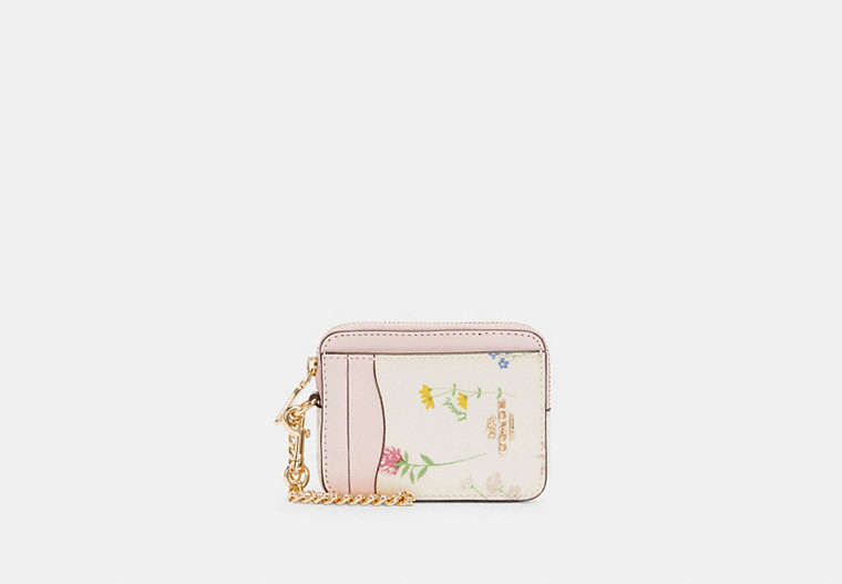COACH®,ZIP CARD CASE WITH SPACED WILDFLOWER PRINT,Gold/Chalk Multi,Front View