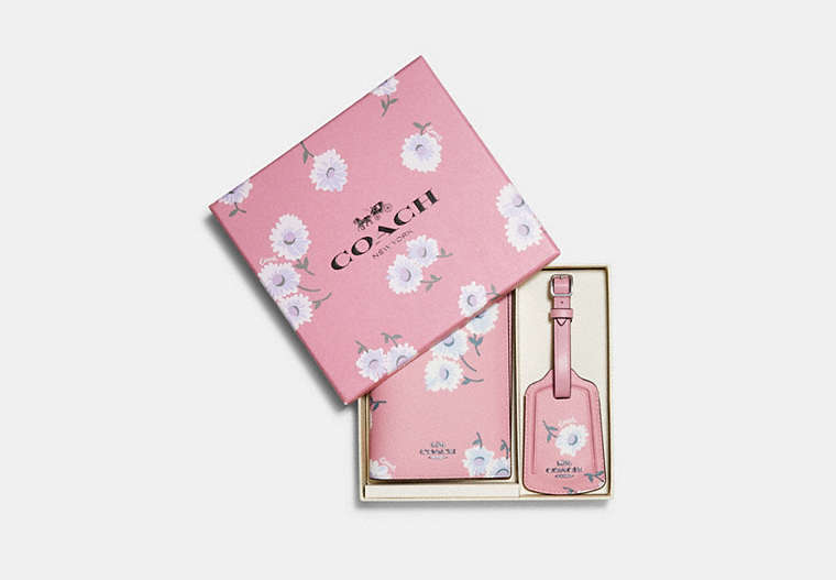COACH®,BOXED PASSPORT CASE AND LUGGAGE TAG SET WITH DAISY PRINT,pvc,Silver/Bubblegum Multi,Front View