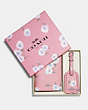 COACH®,BOXED PASSPORT CASE AND LUGGAGE TAG SET WITH DAISY PRINT,pvc,Silver/Bubblegum Multi,Front View