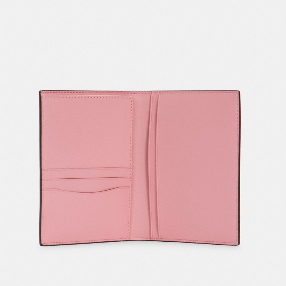 Buy the COACH Stripe Pink Signature Print Leather Passport Holder Wallet