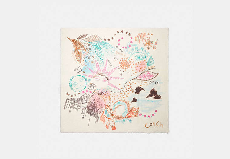 COACH®,EMBROIDERED DREAM DOODLE PRINT OVERSIZED SQUARE SCARF,Cotton/Silk,Chalk/Pink,Front View