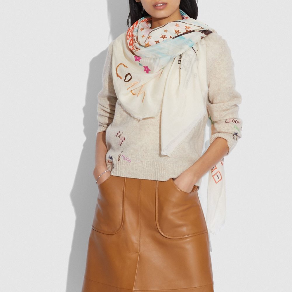 COACH®,Embroidered Dream Doodle Print Oversized Square Scarf,,Detail View