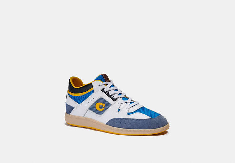 COACH®,CITYSOLE MID TOP SNEAKER,Suede/Leather/Nylon,Caribbean Blue Bright Maize,Front View
