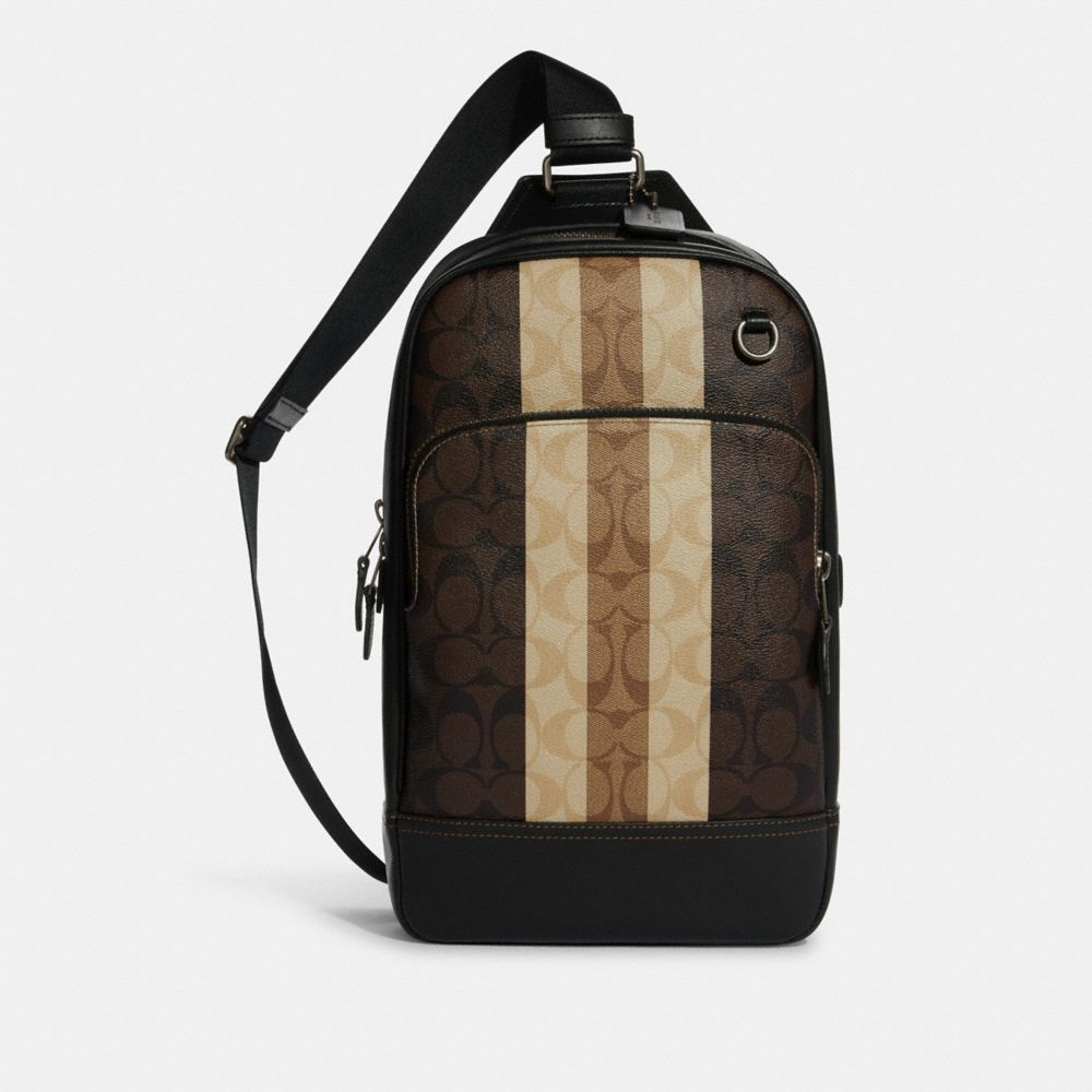 COACH®,GRAHAM PACK IN BLOCKED SIGNATURE CANVAS WITH VARSITY STRIPE,Medium,Gunmetal/Mahogany Multi,Front View