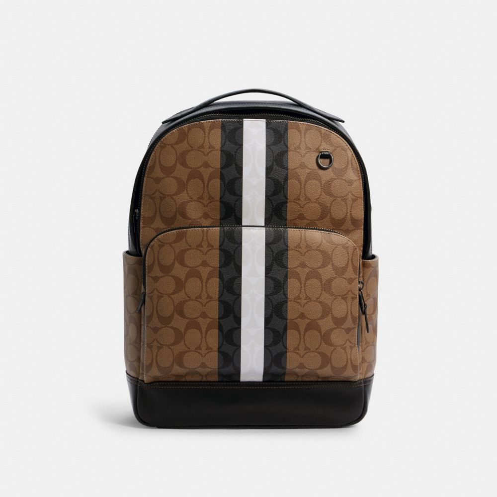 COACH®,GRAHAM BACKPACK IN BLOCKED SIGNATURE CANVAS WITH VARSITY STRIPE,X-Large,Gunmetal/Khaki Multi,Front View