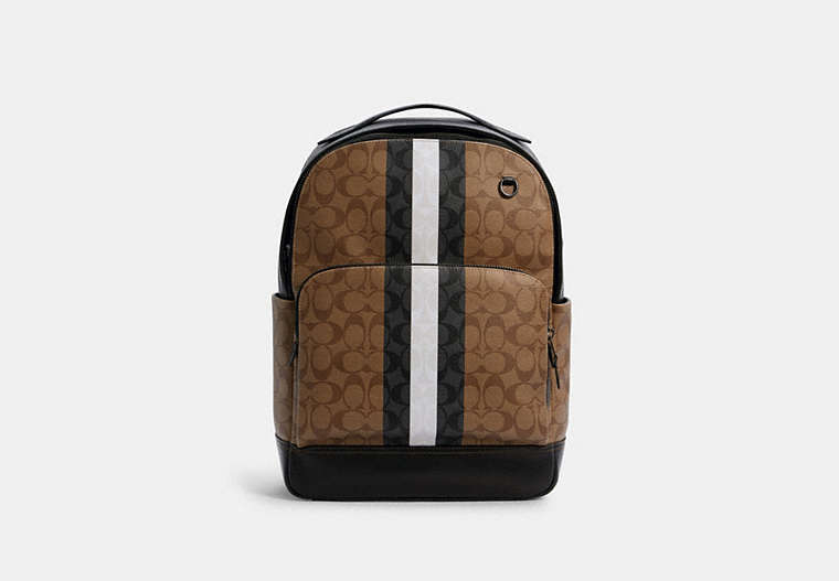 COACH®,GRAHAM BACKPACK IN BLOCKED SIGNATURE CANVAS WITH VARSITY STRIPE,X-Large,Gunmetal/Khaki Multi,Front View