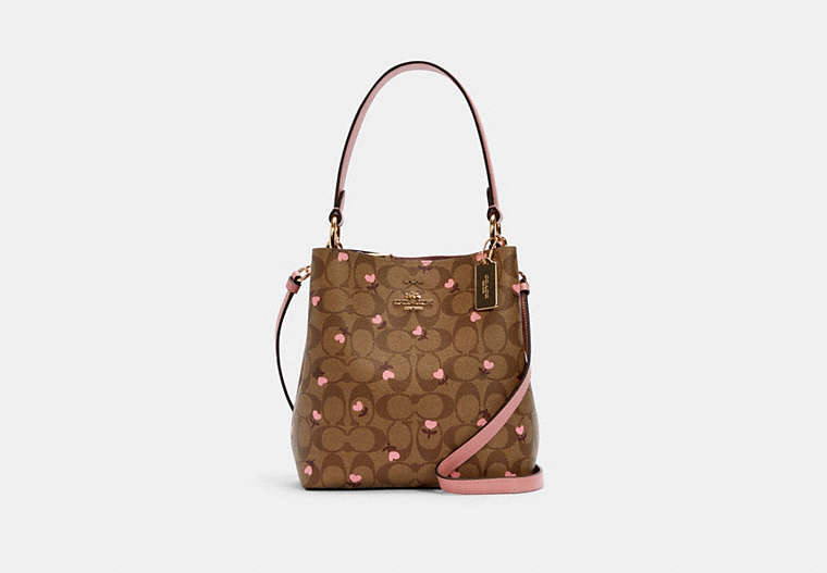 COACH®,SMALL TOWN BUCKET BAG IN SIGNATURE CANVAS WITH HEART FLORAL PRINT,n/a,Medium,Gold/Khaki Red Multi Wine,Front View