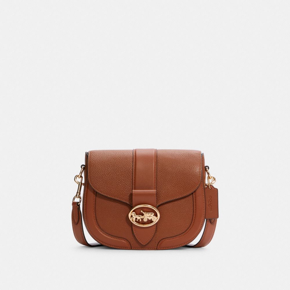 COACH®,GEORGIE SADDLE BAG,Pebbled Leather,Medium,Gold/Redwood,Front View