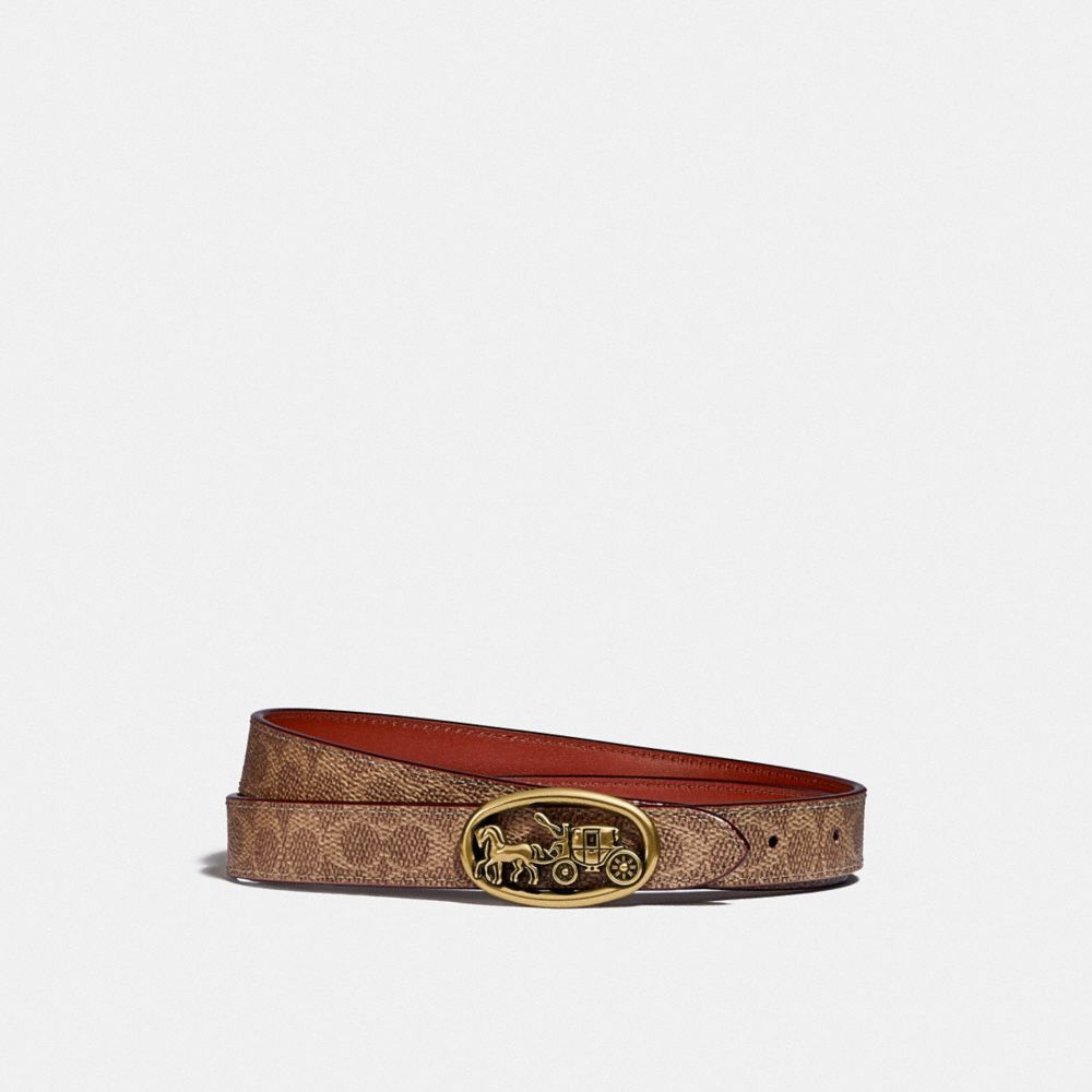 COACH®,HORSE AND CARRIAGE MEDALLION BUCKLE REVERSIBLE BELT, 20MM,Brass/Tan/Rust,Front View image number 0