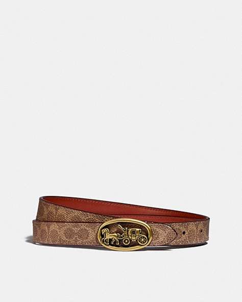 COACH®,HORSE AND CARRIAGE MEDALLION BUCKLE REVERSIBLE BELT, 20MM,Brass/Tan/Rust,Front View