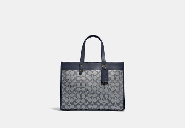 COACH®,FIELD TOTE 30 IN SIGNATURE JACQUARD,Signature Jacquard,Large,Brass/Navy Midnight Navy,Front View