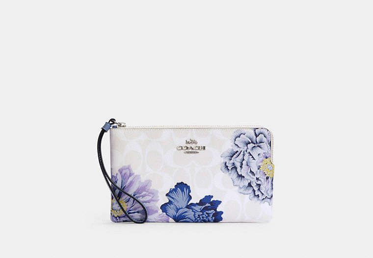 COACH®,LARGE CORNER ZIP WRISTLET IN SIGNATURE CANVAS WITH KAFFE FASSETT PRINT,Silver/Chalk Multi/Periwinkle,Front View