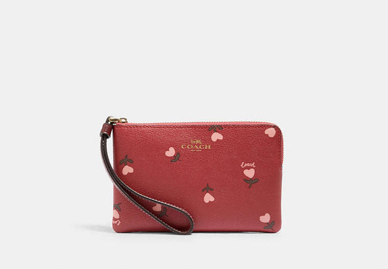 COACH®,CORNER ZIP WRISTLET WITH HEART FLORAL PRINT,Gold/Wine Multi,Front View