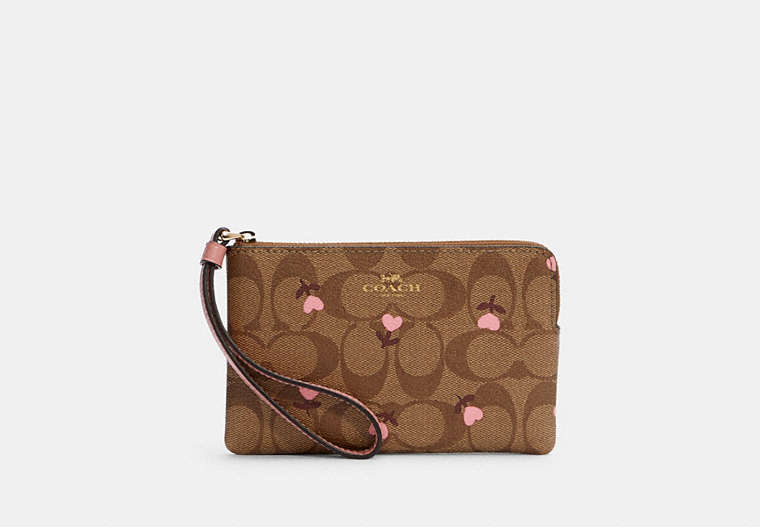 COACH®,CORNER ZIP WRISTLET IN SIGNATURE CANVAS WITH HEART FLORAL PRINT,Gold/Khaki Red Multi,Front View