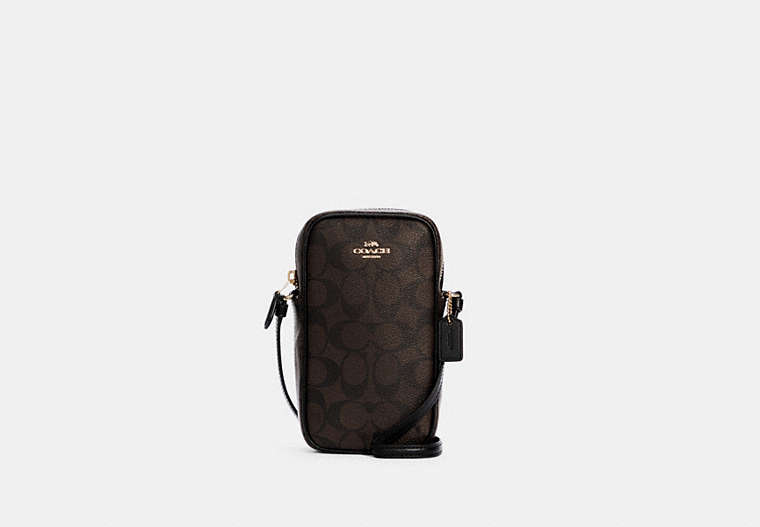COACH®,NORTH/SOUTH ZIP CROSSBODY IN SIGNATURE CANVAS,Mini,Gold/Brown Black,Front View