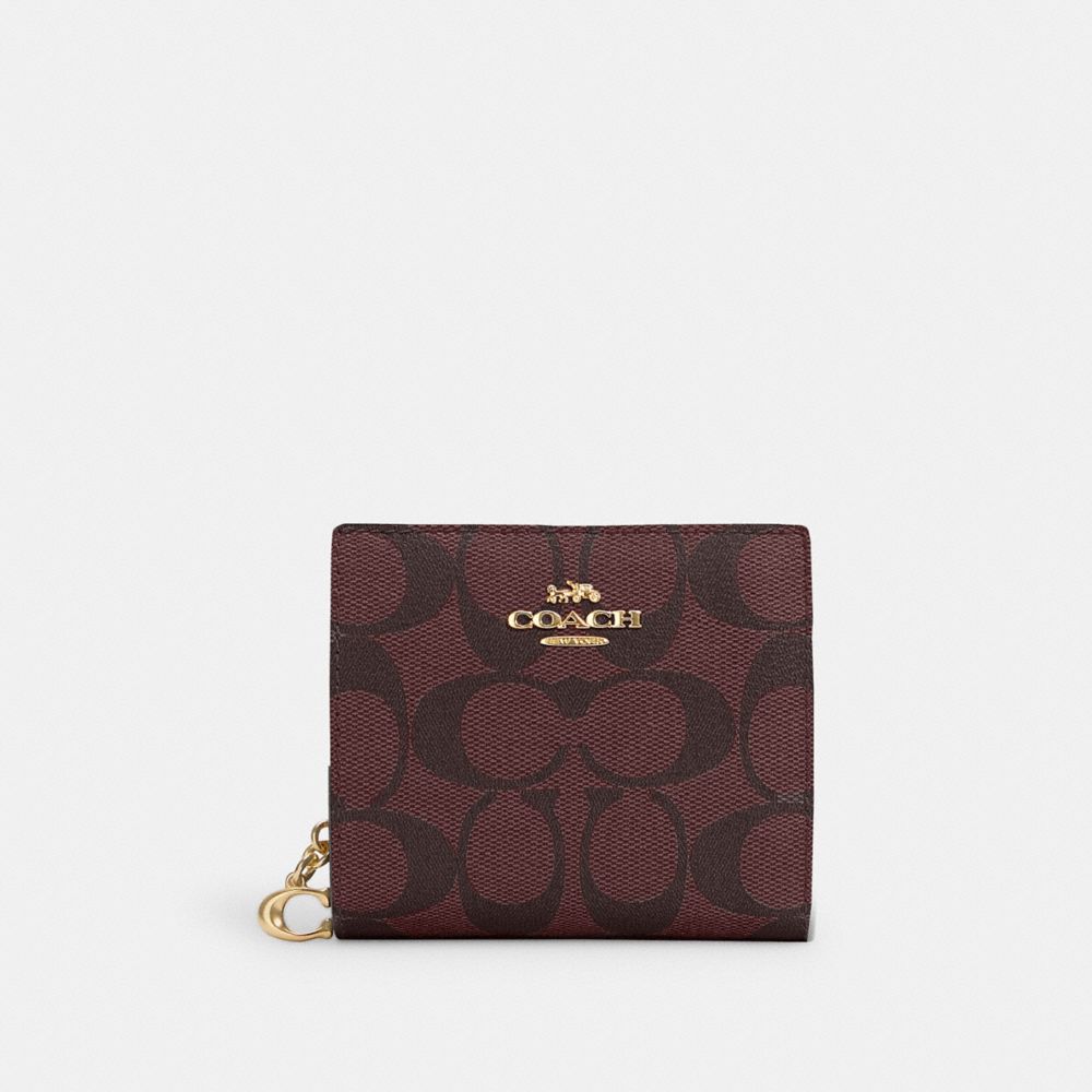 COACH®,Snap Wallet In Signature Canvas,Leather,Canvas,Bi Fold,PVC,Logo,Gold Metal,Casual,Maroon,Front View