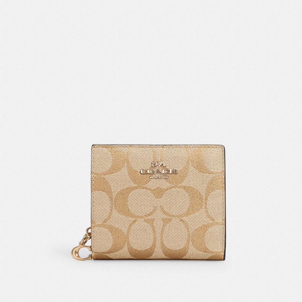 COACH®,SNAP WALLET IN SIGNATURE CANVAS,Mini,Gold/Lt Khaki/Lt Saddle,Front View