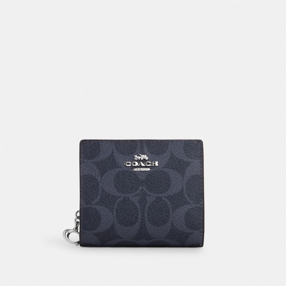 COACH®,SNAP WALLET IN SIGNATURE CANVAS,Mini,Silver/Denim/Midnight Navy,Front View
