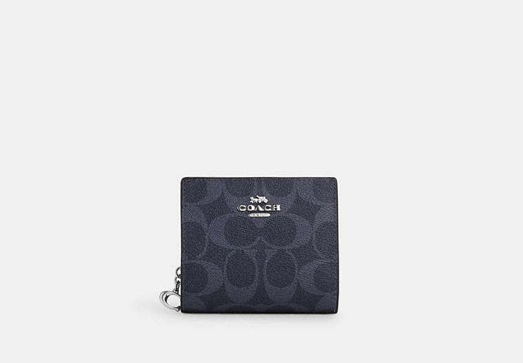 COACH®,SNAP WALLET IN SIGNATURE CANVAS,pvc,Mini,Silver/Denim/Midnight Navy,Front View