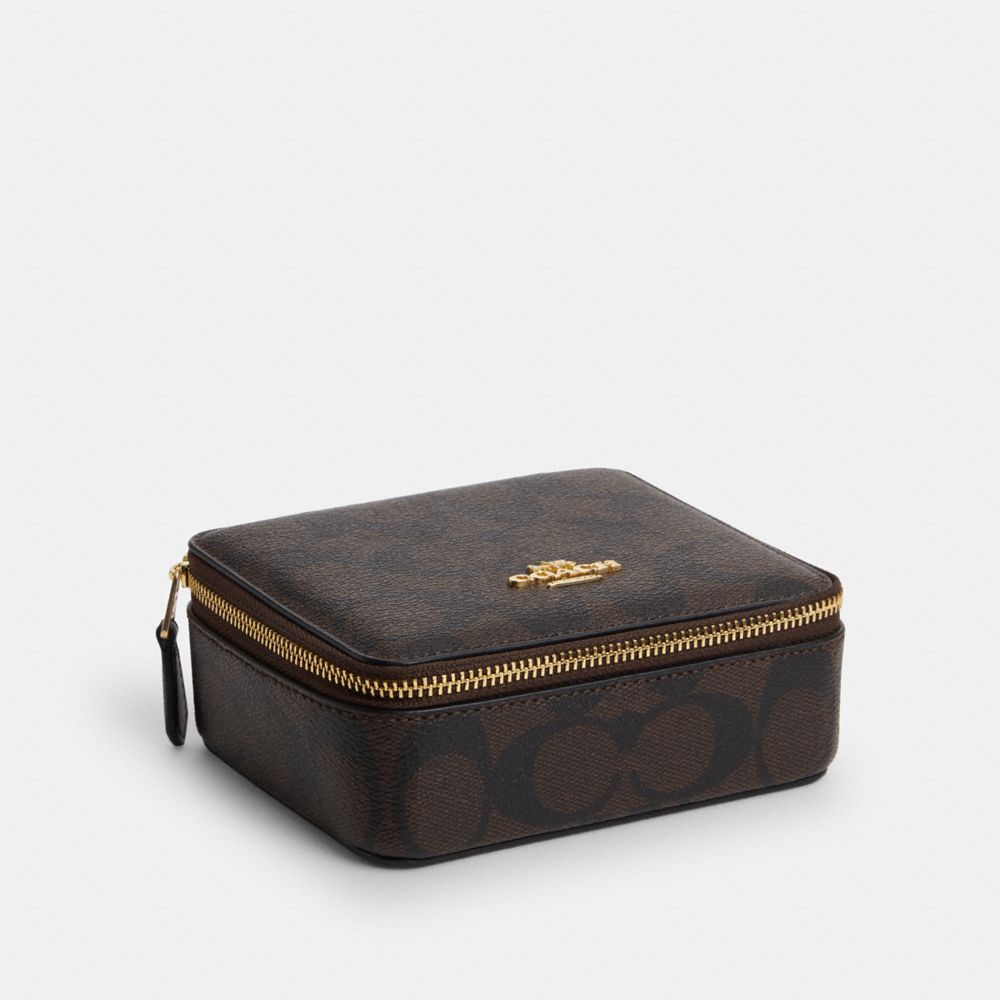 COACH®,LARGE JEWELRY BOX IN SIGNATURE CANVAS,Mini,Gold/Brown Black,Front View