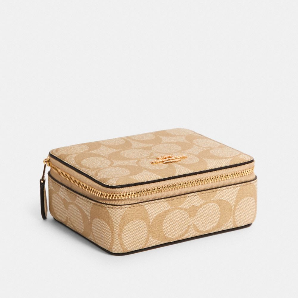 COACH®,LARGE JEWELRY BOX IN SIGNATURE CANVAS,Mini,Gold/Light Khaki Chalk,Front View