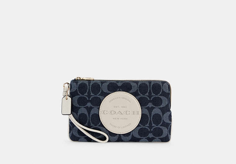 COACH®,DEMPSEY DOUBLE ZIP WALLET IN SIGNATURE JACQUARD WITH PATCH,denim/cork,Gold/DENIM MULTI,Front View