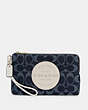 COACH®,DEMPSEY DOUBLE ZIP WALLET IN SIGNATURE JACQUARD WITH PATCH,denim/cork,Gold/DENIM MULTI,Front View
