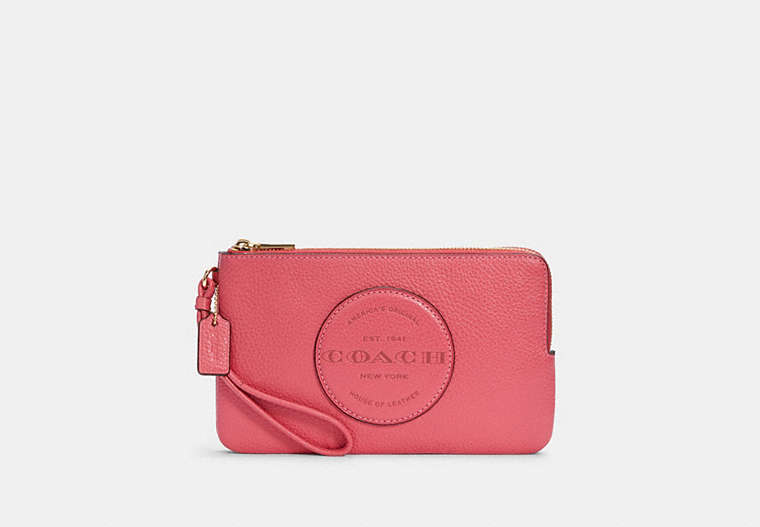 COACH®,DEMPSEY DOUBLE ZIP WALLET WITH PATCH,Leather,Gold/FUCHSIA,Front View