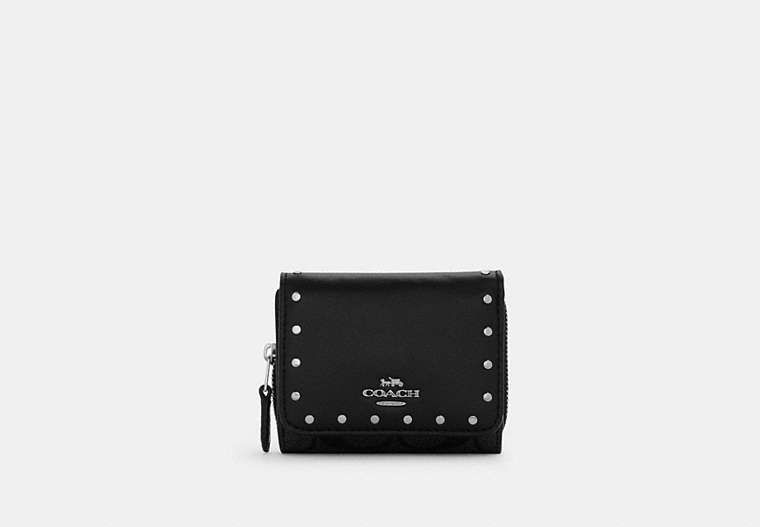 COACH®,SMALL TRIFOLD WALLET IN SIGNATURE CANVAS WITH RIVETS,pvc,Silver/Graphite/Black Multi,Front View