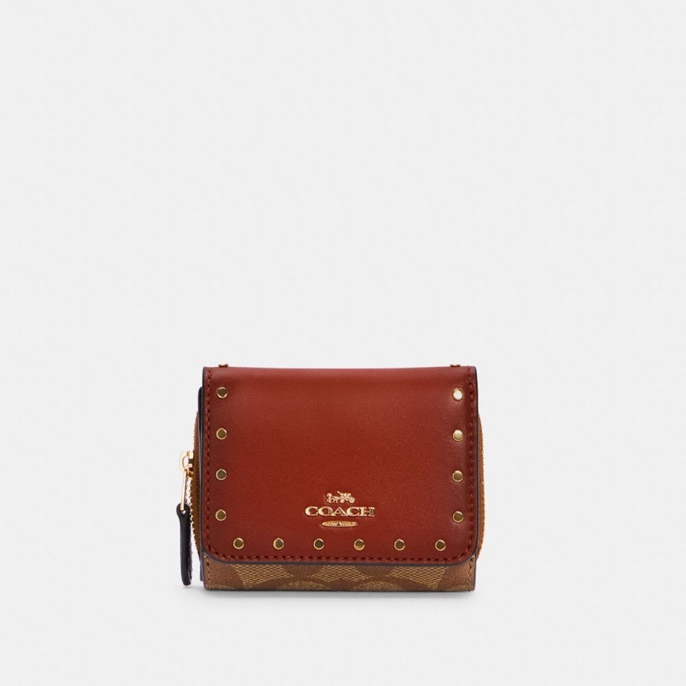 COACH®,SMALL TRIFOLD WALLET IN COLORBLOCK SIGNATURE CANVAS WITH RIVETS,pvc,Gold/Khaki/Terracotta Multi,Front View