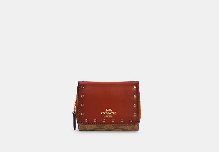 COACH®,SMALL TRIFOLD WALLET IN COLORBLOCK SIGNATURE CANVAS WITH RIVETS,pvc,Gold/Khaki/Terracotta Multi,Front View