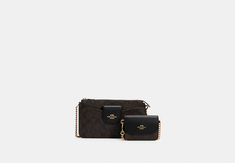 COACH®,POPPY CROSSBODY WITH CARD CASE IN SIGNATURE CANVAS,pvc,Mini,Gold/Brown Black,Front View