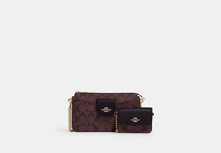 COACH®,POPPY CROSSBODY WITH CARD CASE IN SIGNATURE CANVAS,pvc,Mini,Gold/Oxblood Multi,Front View