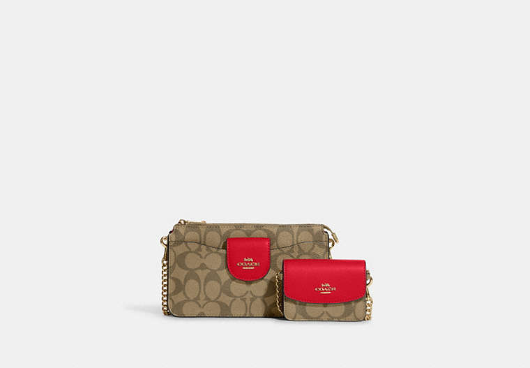 COACH®,POPPY CROSSBODY WITH CARD CASE IN SIGNATURE CANVAS,pvc,Mini,Im/Khaki/Electric Red,Front View