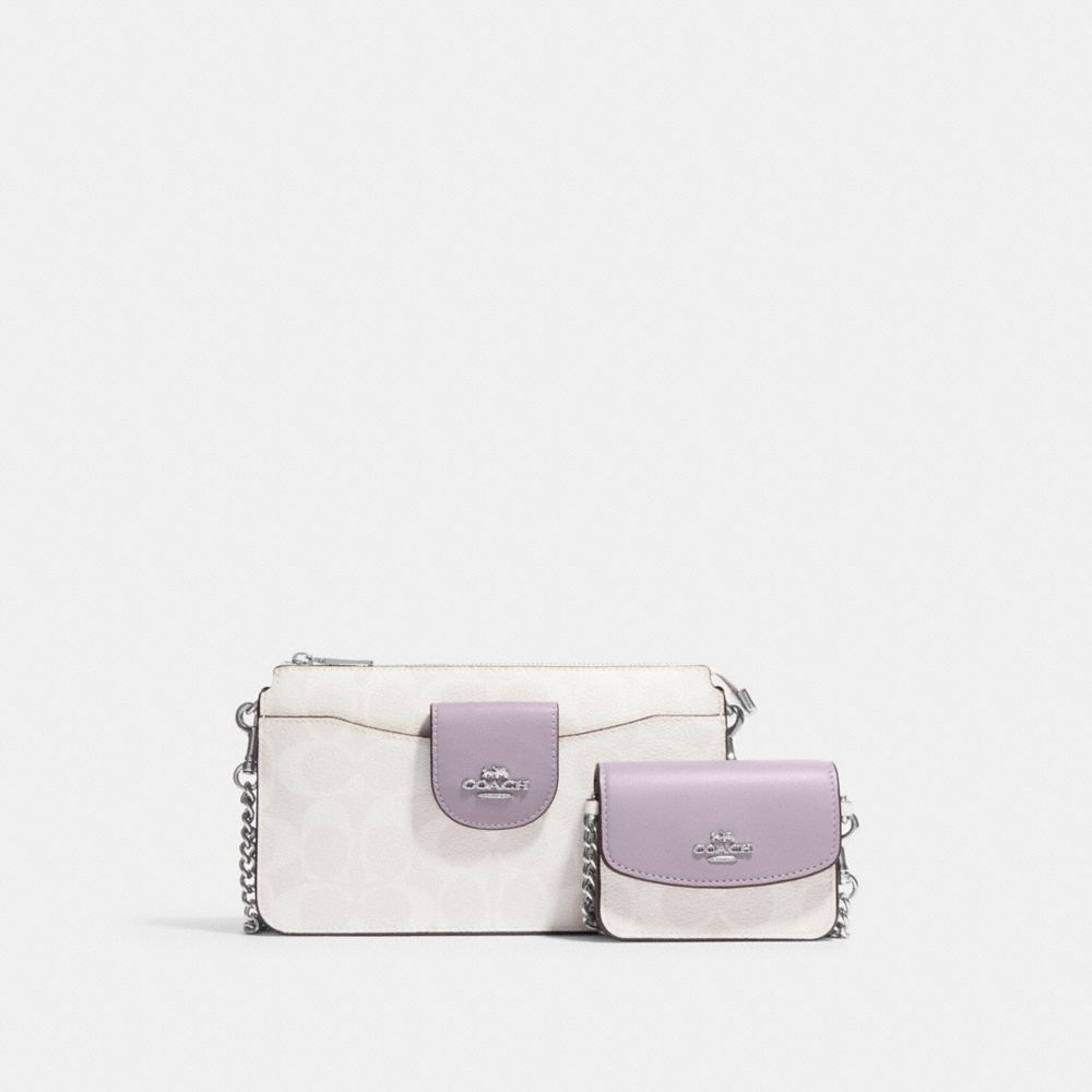 COACH®,POPPY CROSSBODY WITH CARD CASE IN SIGNATURE CANVAS,Signature Canvas,Mini,Silver/Chalk/Mist,Front View