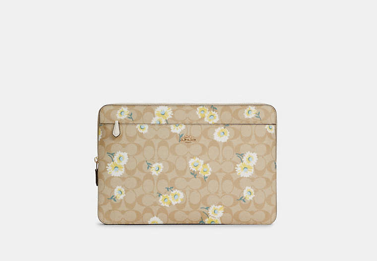 COACH®,LAPTOP SLEEVE IN SIGNATURE CANVAS WITH DAISY PRINT,Gold/Light Khaki Chalk Multi,Front View