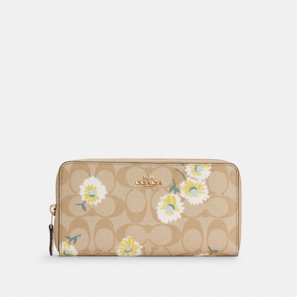 COACH®,ACCORDION ZIP WALLET IN SIGNATURE CANVAS WITH DAISY PRINT,Gold/Light Khaki Chalk Multi,Front View