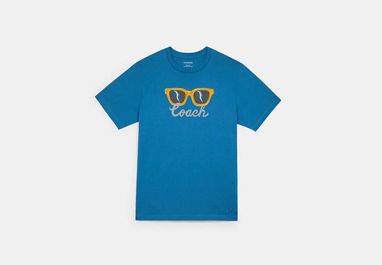 COACH®,SUNGLASSES GRAPHIC T-SHIRT,n/a,Bright Mineral Blue,Front View